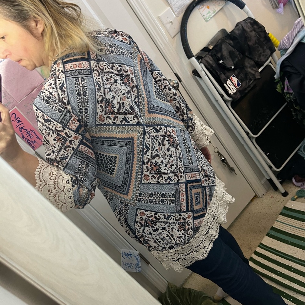 XHILARATION OPEN FRONT CARDIGAN TOP OVERSIZED COVER UP LACE PRINT PINK BLUE EUC - Picture 9 of 11